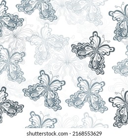 Seamless multicolored pattern with butterflies and stars on a white background.  Beautiful floral pattern pastel colors. 
