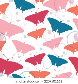 Seamless multicolored pattern with butterflies and stars on a white background.  Fashionable tones. Textiles, wallpaper, wrapping paper