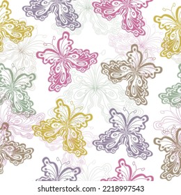 Seamless multicolored pattern with butterflies and stars on a white background.  Seamless pattern.