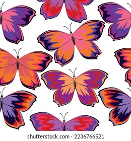 Seamless multicolored pattern with butterflies and stars on a white background.  Carnival butterfly, festive seamless pattern. 