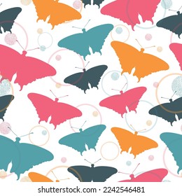 Seamless multicolored pattern with butterflies and stars on a white background.  Seamless texture. Grunge. Vector eps 10