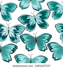 Seamless multicolored pattern with butterflies and stars on a white background.  Vector illustration.