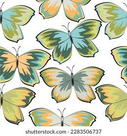 Seamless multicolored pattern with butterflies and stars on a white background.  Butterfly seamless pattern. 