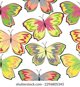 Seamless multicolored pattern with butterflies and stars on a white background.  Carnival butterfly, festive seamless pattern. 