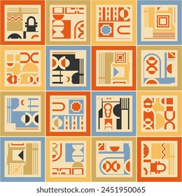 Seamless multi-colored pattern consisting of panels with fragments of a geometric composition in the Bauhaus style. Retro palette. Vector illustration