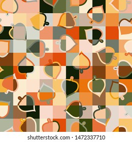 Seamless multi-colored pattern consisting of symbolic leaves and squares.