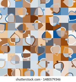 Seamless multi-colored pattern consisting of symbolic leaves and squares.