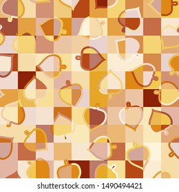 Seamless multi-colored pattern consisting of symbolic leaves and squares.