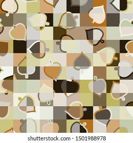 Seamless multi-colored pattern consisting of symbolic leaves and squares.