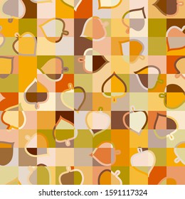Seamless multi-colored pattern consisting of symbolic leaves and squares.