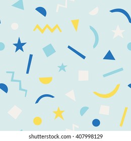 Seamless multicolored pattern with different geometrical shapes. Vector texture of geometric colorful shapes. Nice abstract background with geometrical figures. Fun seamless pattern for party.