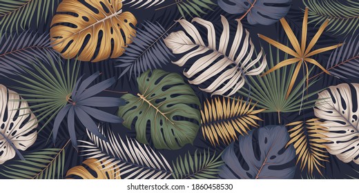 Patrón multicolor sin foco con plantas tropicales exóticas, hojas de monstera y palmeras, composición botánica exótica en estilo de colon contemporáneo de moda, ilustración vectorial