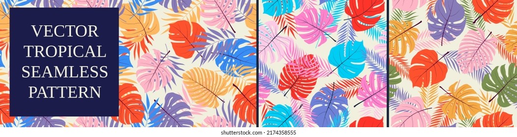 Seamless multicolored pattern with exotic tropical plants, monstera leaves and palm trees, vector botany composition, set 11