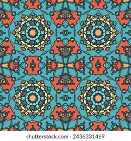 Seamless multi-colored pattern with a fancy decorative composition with a predominance of light blue. Vector illustration