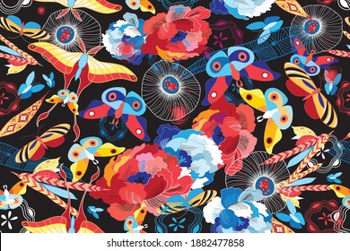 Seamless multicolored pattern of flowers and butterflies on a dark background. Example of a butterfly design pattern for Wallpaper or fabric