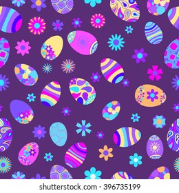 Seamless multicolored pattern of flowers and Easter eggs with various ornaments