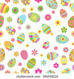 Seamless multicolored pattern of flowers and Easter eggs with various ornaments