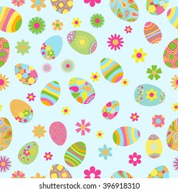 Seamless multicolored pattern of flowers and Easter eggs with various ornaments