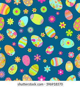 Seamless multicolored pattern of flowers and Easter eggs with various ornaments
