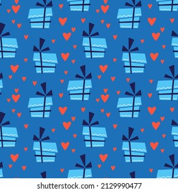 Seamless multicolored pattern with gifts in blue wrapping and hearts. Valentine's day, wedding, holiday. Vector illustration. Textile printing, print design, postcards