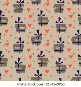 Seamless multicolored pattern with gifts in a package and hearts on a beige background. Valentine's day, wedding, holiday. Vector illustration. Textile printing, print design, postcards.