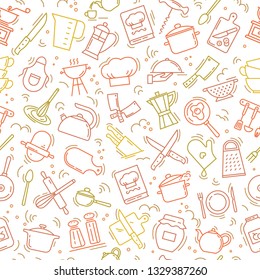 The seamless multi-colored pattern on the kitchen theme with a variety of kitchen items. Background for menu design, kitchen items, and other things.