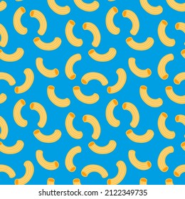 Seamless multicolored pattern with pasta horns on a blue background. italian traditional pasta. Vector illustration for the kitchen. Textile printing, print design, postcards