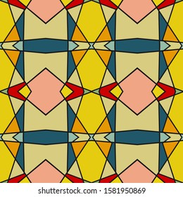 Seamless multi-colored pattern with a predominance of yellow, beige, blue and pink. Vector illustration