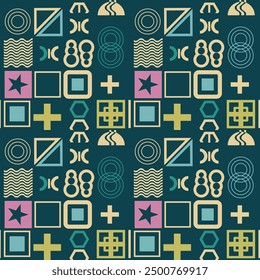 Seamless multicolored pattern with randomly placed geometric shapes. Vector illustration