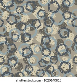 Seamless multicolored pattern of rounded pentagons and circles. Stylish camouflage
