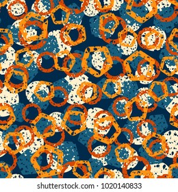 Seamless multicolored pattern of rounded pentagons and circles. Stylish camouflage