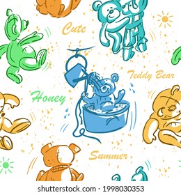 Seamless multicolored pattern, set of cute funny vintage teddy bears toys. Hand draw illustration for fabric, design. Vector outline style.