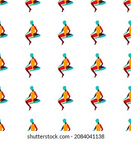 Seamless multicolored pattern of a sitting person on a white background.