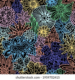 Seamless multicolored pattern of strange flowers  8 in doodle style. White silhouettes of flowers on black. Isolated vector stock illustration EPS 10.