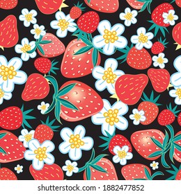 Seamless multicolored pattern of strawberries and flowers on a dark background. Example of a strawberry pattern for packaging and advertising