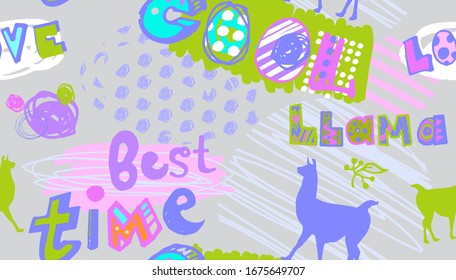 seamless multicolored Pattern for young people bright with the words love, llama, best time,cool and silhouettes of llamas