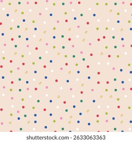 Naadloze veelkleurige polka dot patroon op beige achtergrond