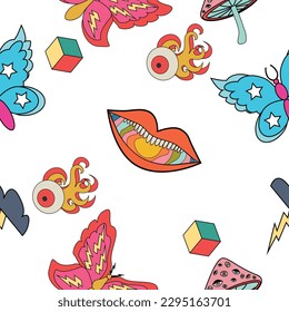 seamless multicolored psychedelic pattern with different elements in the retro hippie style of the 60s - 70s. Vector graphics.