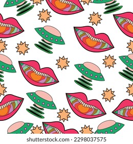 seamless multicolored psychedelic pattern with different elements in the retro hippie style of the 60s - 70s. Vector graphics.
