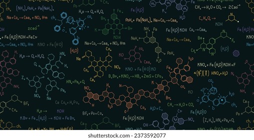 Fórmulas químicas científicas multicolores insonorizadas en pizarra.
