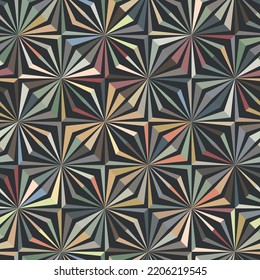 Seamless multicolored sunburst pattern with retro style colors on a black background. Abstract geometric pattern with striped squares. Graphic textile texture. Vector image.