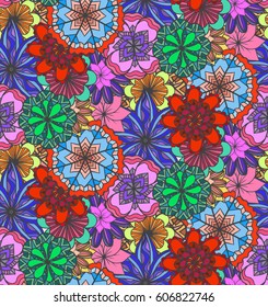 Seamless multicolored texture with doodle flowers. Vector pattern for wrapping paper, wallpaper, fabrics and your design