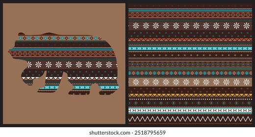 Seamless multicolored tribal pattern. Repeating hand drawn geometric vector print on a brown background. Apparel textile pattern. Bear silhouette clothing graphic.