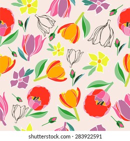 Seamless multicolored vector tulips pattern