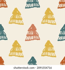 seamless multicolour hand draw pine tree pattern background