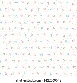 Seamless multicoloured pattern of dragonflies and polka dots.

