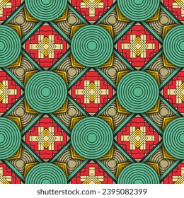 Seamless multi-layer background with original decorative elements. Retro palette, dominated by red and green colors. Vector illustration