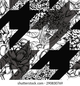 Seamless multilayer floral pattern with a Peony, Lilac, Rose and houndstooth. Vector black and white illustration.