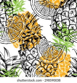 Seamless multilayer pattern with image of pineapples and oranges. Vector illustration.