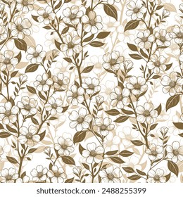 seamless multi-layered background of silhouettes of flowers. vector illustration with flowers, leaves and twigs in brown tones on a white backdrop